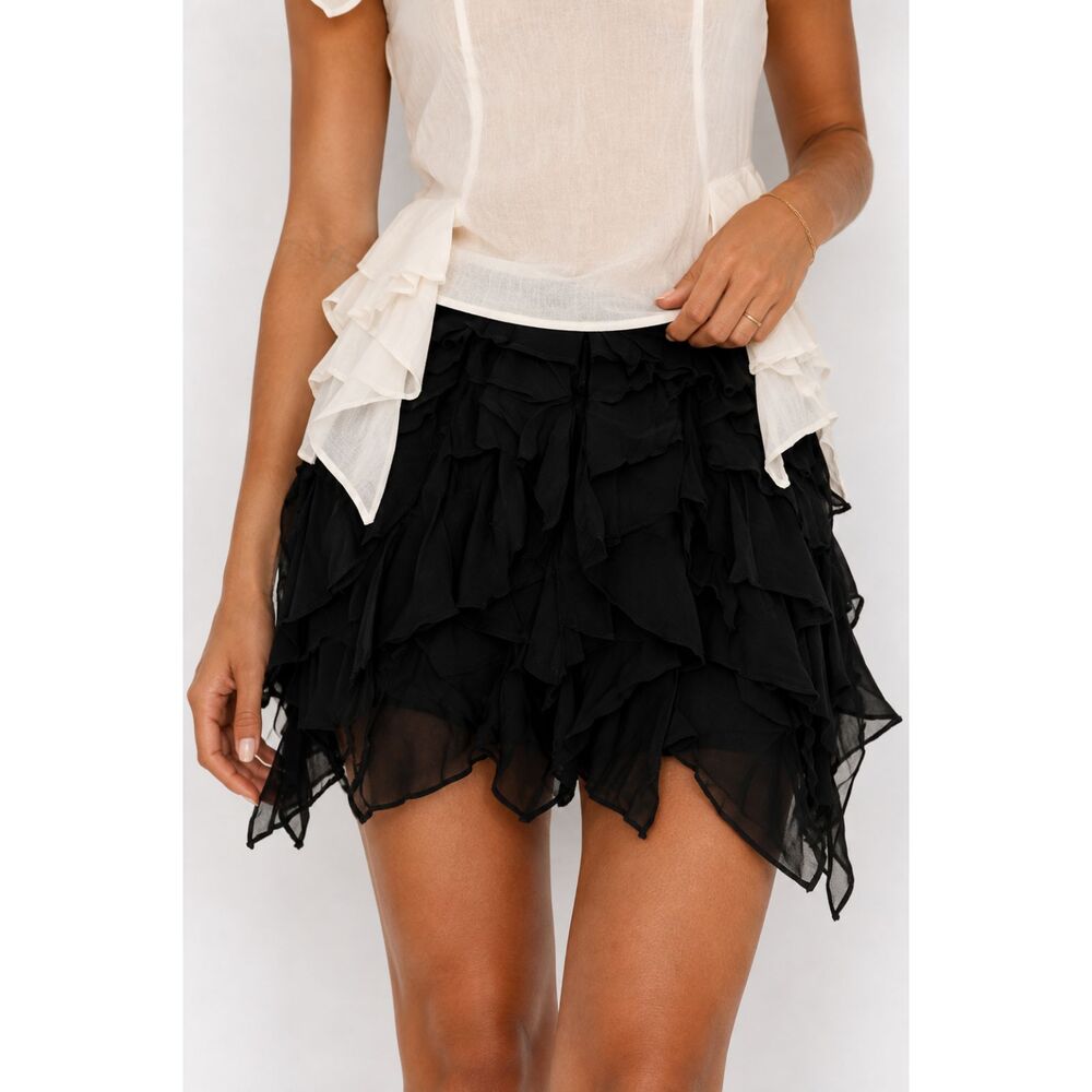 SAINT ART Waterfall Ruffle Chiffon Mini Skirt Black Small